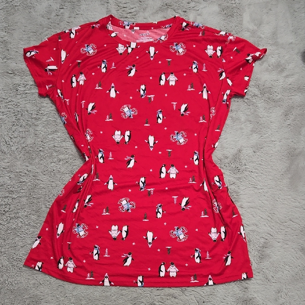 Red Penguin Print sleepwear lounge wear tshirt dress